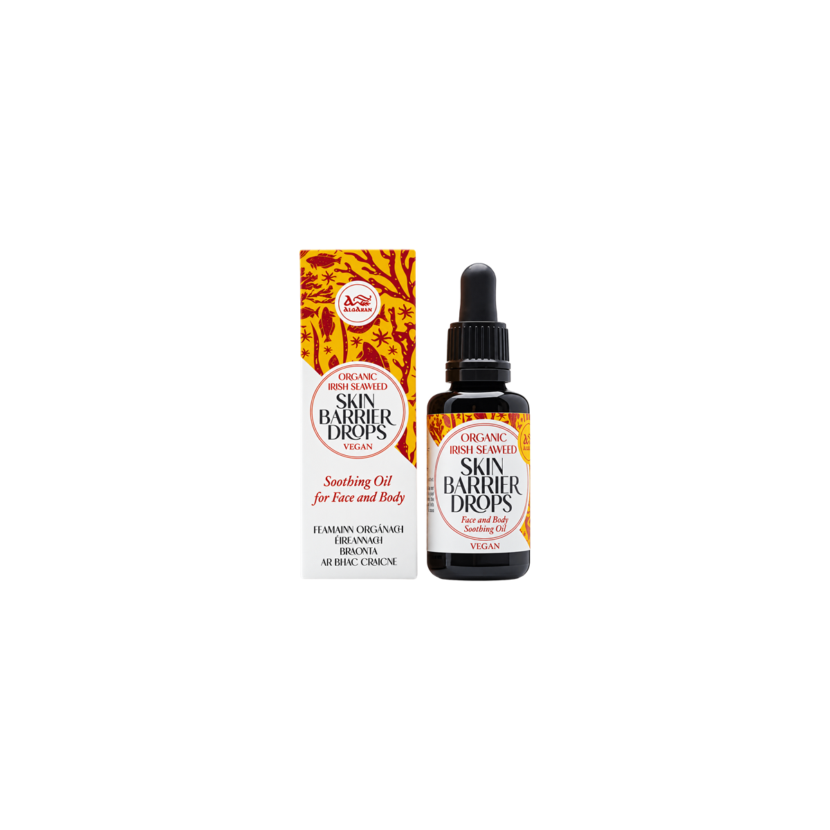 Olejek Skin Barrier do twarzy i ciała – packshot AlgAran Olejek Skin Barrier do twarzy i ciała – opakowanie i produkt